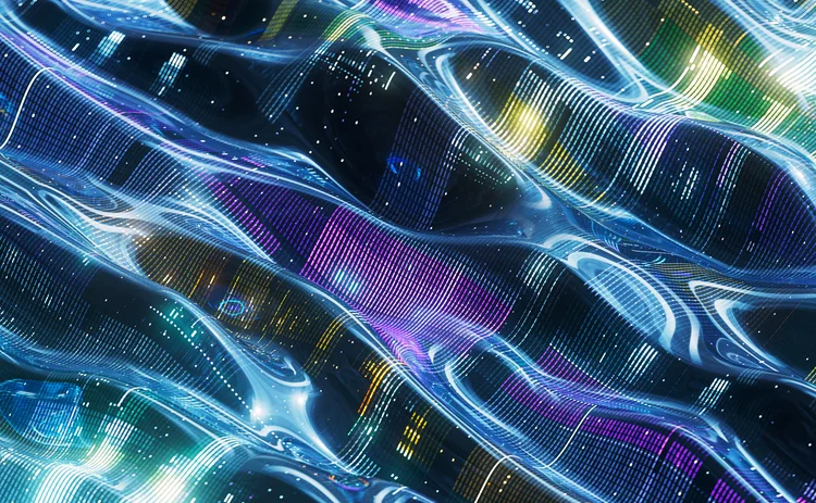 Abstract digital artwork featuring wavy, flowing patterns of multicolored LED-like lines and glowing light trails. The image creates a futuristic, high-tech effect with dynamic motion, using shades of blue, purple, green, and yellow.