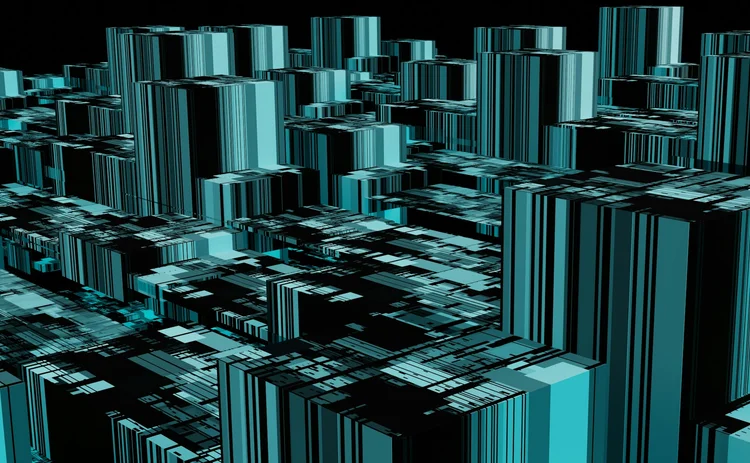 Abstract 3D cityscape rendered in cyan and black, featuring geometric skyscrapers with digital, striped patterns, resembling a futuristic urban environment