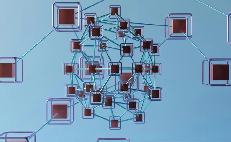 Abstract 3D illustration of interconnected blockchain nodes, with glowing cubes linked by blue lines on a light blue background, symbolizing decentralized digital networks and data security