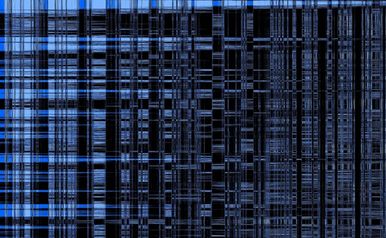 Abstract digital pattern featuring dense vertical and horizontal blue and black grid lines, resembling a glitch or data visualization matrix on a dark background.