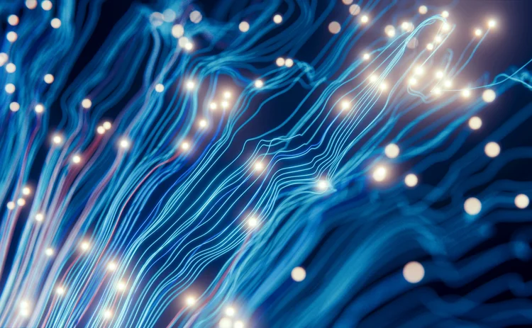 Abstract visualisation of blue fibre-optic cables and glowing data points representing digital communication and high-speed internet connectivity