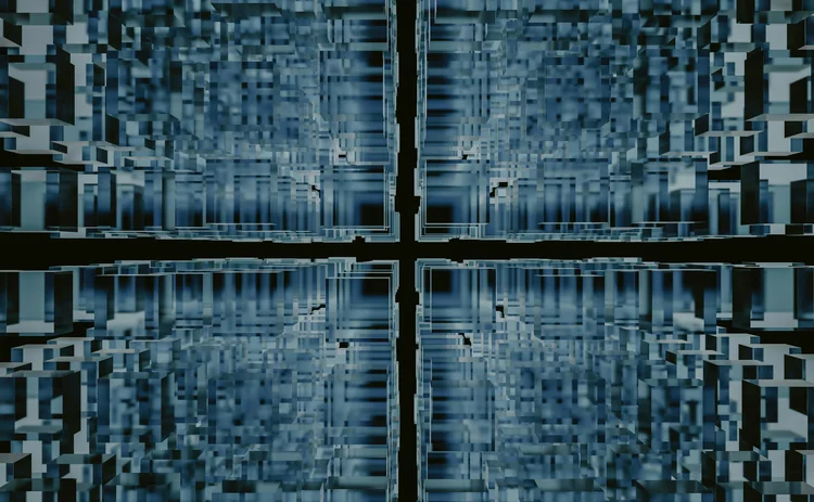Abstract digital structure of translucent blue cubes forming a symmetrical grid-like tunnel with a glowing cross shape at the center, evoking themes of data architecture, AI systems, and virtual environments.