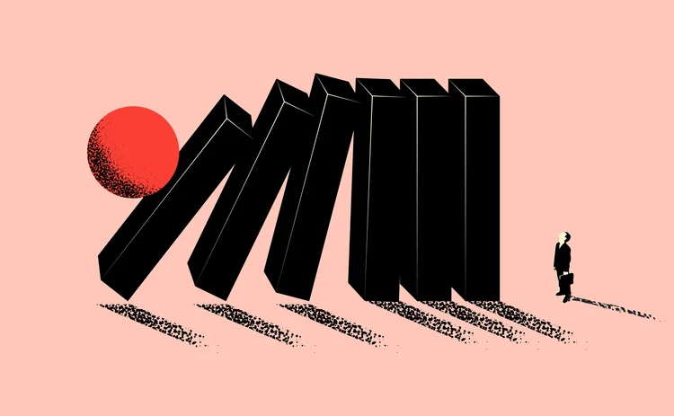 Conceptual business illustration of upcoming business problem metaphor with falling domino and businessman silhouette. Minimalistic vector illustration - stock illustration