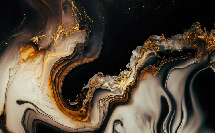  Luxury abstract fluid art painting in alcohol ink technique, mixture of black, gray and gold paints. Imitation of marble stone cut, glowing golden veins. Tender and dreamy design.