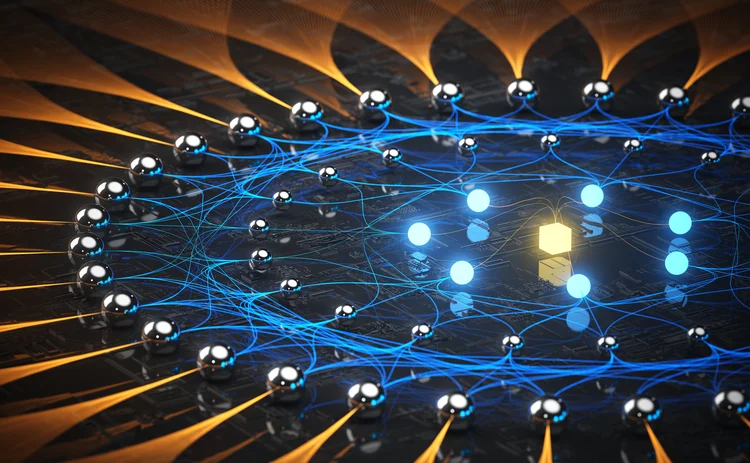 Abstract illustration of a neural network with interconnected nodes and glowing data paths, symbolizing artificial intelligence, machine learning, and data processing.