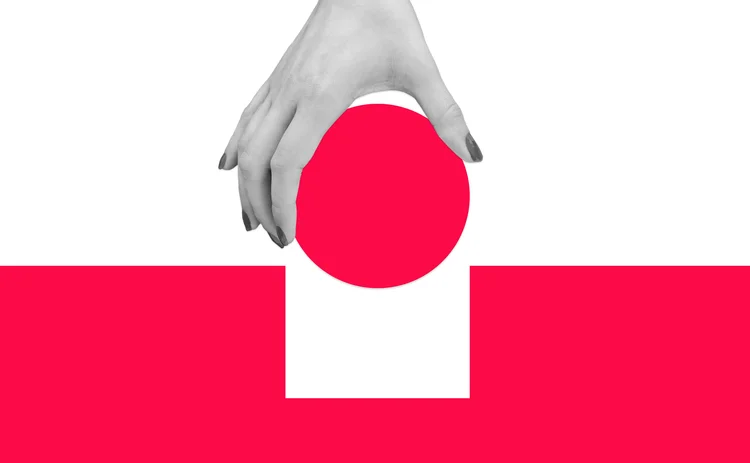 Inserting red circle into square shaped cut out - stock photo