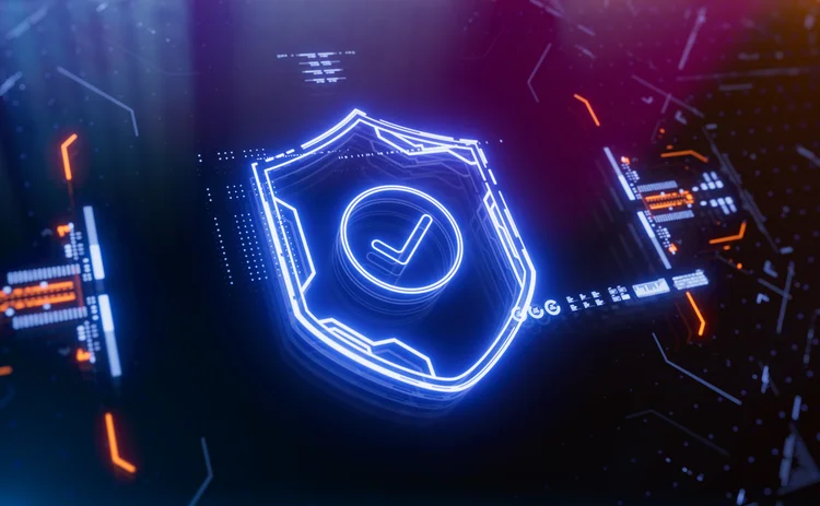 Futuristic neon shield with a checkmark on a digital background. Concept of cybersecurity, data protection, digital safety, privacy policy, compliance and secure technology.