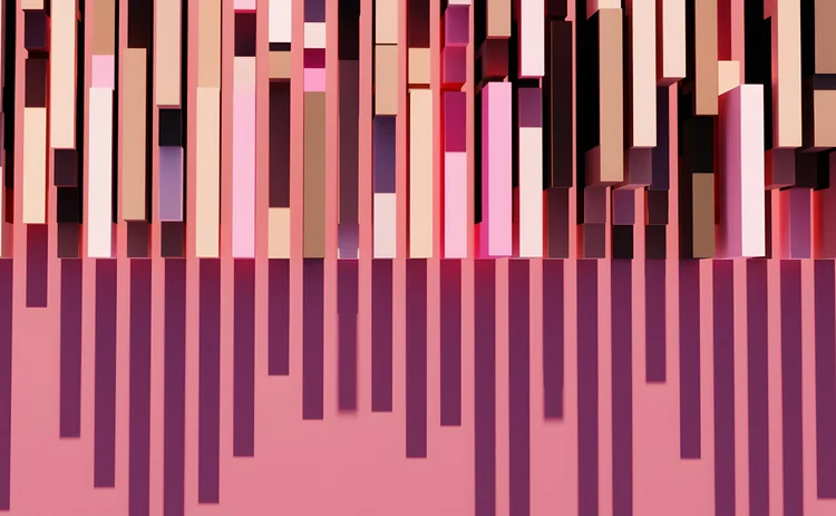 Abstract 3D data visualization of vertical blocks forming a structured pattern, representing artificial intelligence processing, data organization, and the simplification of complex datasets into ordered, scalable systems.