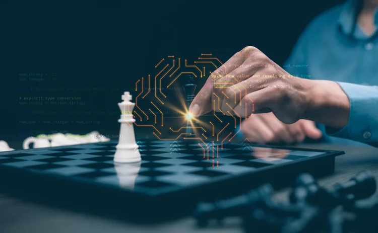 Human interacting with AI powered digital brain over chessboard representing machine learning strategy, data driven decision making and intelligent business planning.