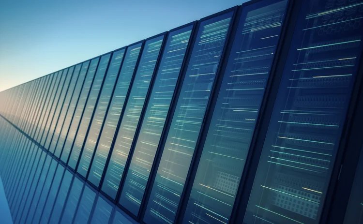 Data centre server racks with glowing network connections and digital data lines