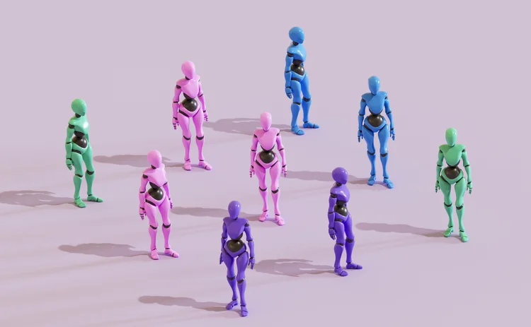 A digitally generated image featuring several abstract robots lined up in a row, symbolizing the future of artificial intelligence, automation, and humanoid robotics. This conceptual and futuristic composition highlights the rise of intelligent machines and the growing presence of AI in modern technology