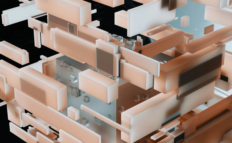Abstract 3D geometric structure of interconnected blocks representing data networks and digital infrastructure