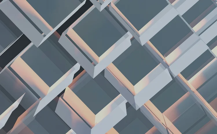 Abstract geometric pattern of overlapping rectangular frames in grey, blue and peach tones