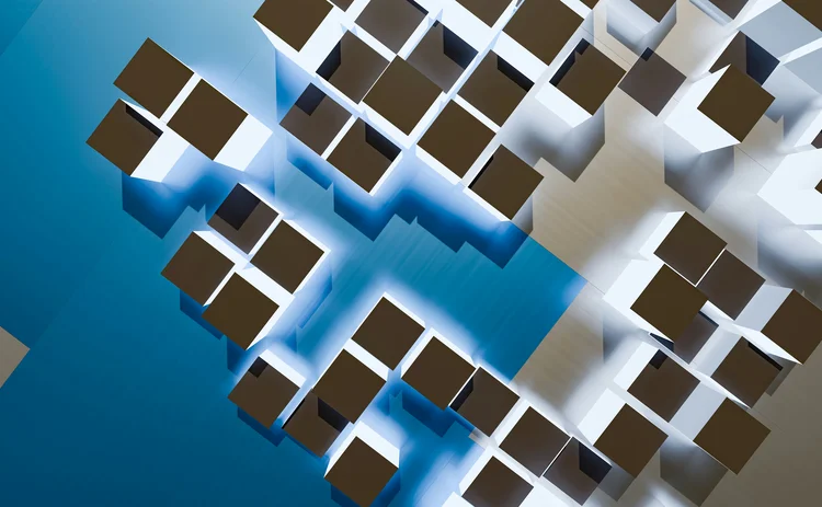 Abstract geometric composition of interconnected white structures with dark rectangular blocks and blue highlights