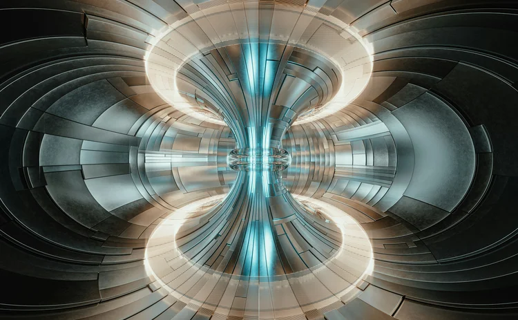 Futuristic metallic tunnel with symmetrical curved structures and glowing blue lights, representing advanced technology, digital infrastructure and innovation