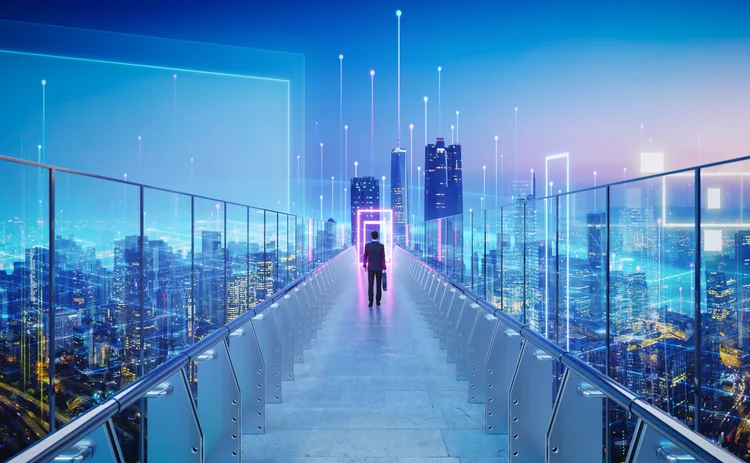 Businessman walking on skywalk bridge to glowing information portal above futuristic cityscape with digital transformation at dusk.
