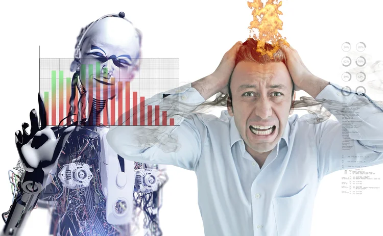 A man is holding his head in fear as an AI robot gets its maths wrong