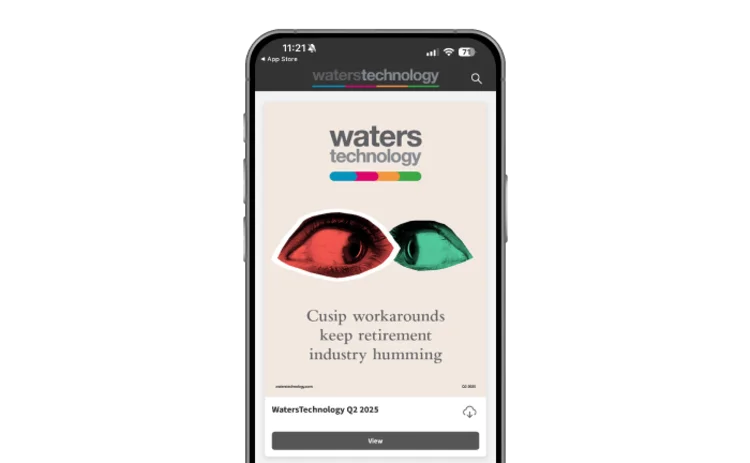 An image of WatersTechnology on a phone screen. 