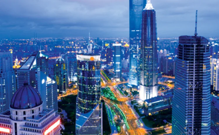 A nighttime view of downtown Shanghai in China A nighttime view of downtown Shanghai in China