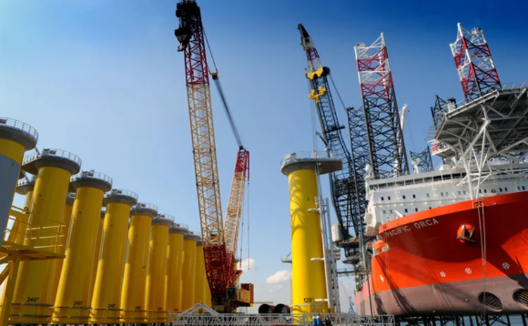 Transmission pieces lining up in Belfast to be loaded onto the Pacific Orca for the West of Duddon Sands offshore wind farm