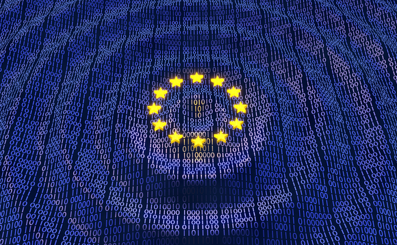 European Union Data Protection bits and bytes in ripple waving pattern with glowing EU stars