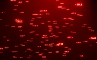 Red screen with negative random floating numbers. Minus sign, loss, business and finance, illuminated figures, abstract data, futuristic, sciences, big data.