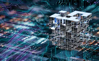3D transparent cube structure floating above a circuit board with glowing digital connections, symbolizing cloud computing, AI architecture, and data infrastructure