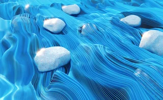 Abstract 3D illustration of smooth blue flowing lines resembling fluid motion around white pebbles, representing data streams, digital flow, or futuristic technology