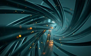 Futuristic visualization of high-speed data transfer through swirling dark fiber optic cables with glowing orange particles, symbolizing advanced communication networks and digital connectivity.