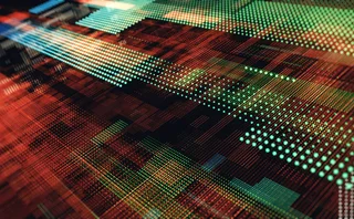 Abstract digital landscape with green, orange, and red pixel matrices representing data transmission, blockchain technology, and AI-driven analytics