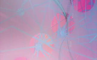 Abstract digital artwork with soft gradients of pink, purple, and blue featuring translucent geometric shapes, circular patterns, and intersecting lines and curves, evoking a futuristic and technological theme.