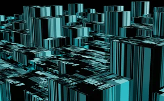 Abstract 3D cityscape rendered in cyan and black, featuring geometric skyscrapers with digital, striped patterns, resembling a futuristic urban environment