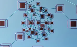 Abstract 3D illustration of interconnected blockchain nodes, with glowing cubes linked by blue lines on a light blue background, symbolizing decentralized digital networks and data security
