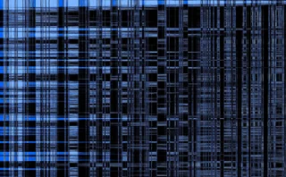 Abstract digital pattern featuring dense vertical and horizontal blue and black grid lines, resembling a glitch or data visualization matrix on a dark background.