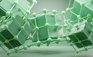 Abstract 3D rendering of interconnected green cubes enclosed in molecular lattice structures, resembling blockchain nodes or scientific data models, set against a soft green gradient background