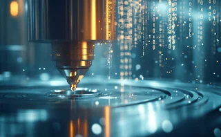 Close-up of a high-tech machine tool with digital binary code overlay, symbolizing precision manufacturing, data-driven engineering, and industry automation.