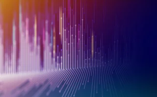 Abstract digital background with vertical glowing lines and gradient colors in purple, pink, orange, and blue, representing data flow, sound waves, or futuristic technology
