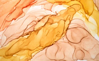 Abstract ocher watercolor background. Yellow orange brown paint stains and spots in water, luxury fluid liquid art wallpaper, autumn colors mix - stock photo