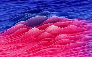 Abstract 3D digital landscape made of pink and blue wave-like grids, creating a futuristic data visualization effect.