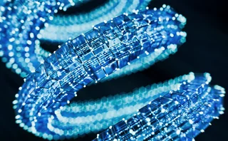 Futuristic 3D visualization of interconnected blue cubes and glowing nodes forming a twisting digital structure, symbolizing data networks or quantum computing