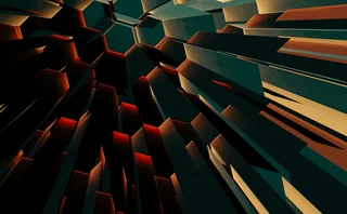 Abstract 3D digital artwork with sharp geometric shapes converging toward the center, illuminated with dark teal, red, and orange highlights, symbolizing data flow, energy, or futuristic technology.
