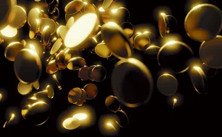 Gold coins falling on black background 3D render - stock photo