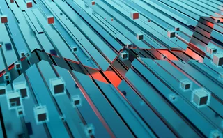 Abstract digital landscape of elongated blue metallic strips intersected by sharp red lines, with floating translucent cubes representing data blocks, movement, and information flow.