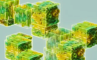 Abstract image of neon green and yellow transparent cubes for sustainable data, eco-friendly tech, or environmental science