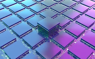 Geometric grid of metallic chips over a glowing motherboard, featuring a standout raised block to represent innovation in computing hardware