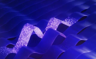Abstract digital waves in deep blue with glowing purple light grids representing data flow and futuristic technology