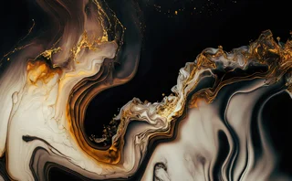  Luxury abstract fluid art painting in alcohol ink technique, mixture of black, gray and gold paints. Imitation of marble stone cut, glowing golden veins. Tender and dreamy design.