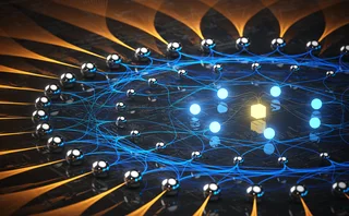 Abstract illustration of a neural network with interconnected nodes and glowing data paths, symbolizing artificial intelligence, machine learning, and data processing.
