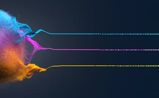 Abstract visualization of artificial intelligence data streams flowing from a neural core into simplified outputs