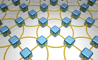 Futuristic 3D illustration of a geometric network grid featuring blue square nodes connected by golden circular rings, symbolising blockchain, data networks and digital connectivity